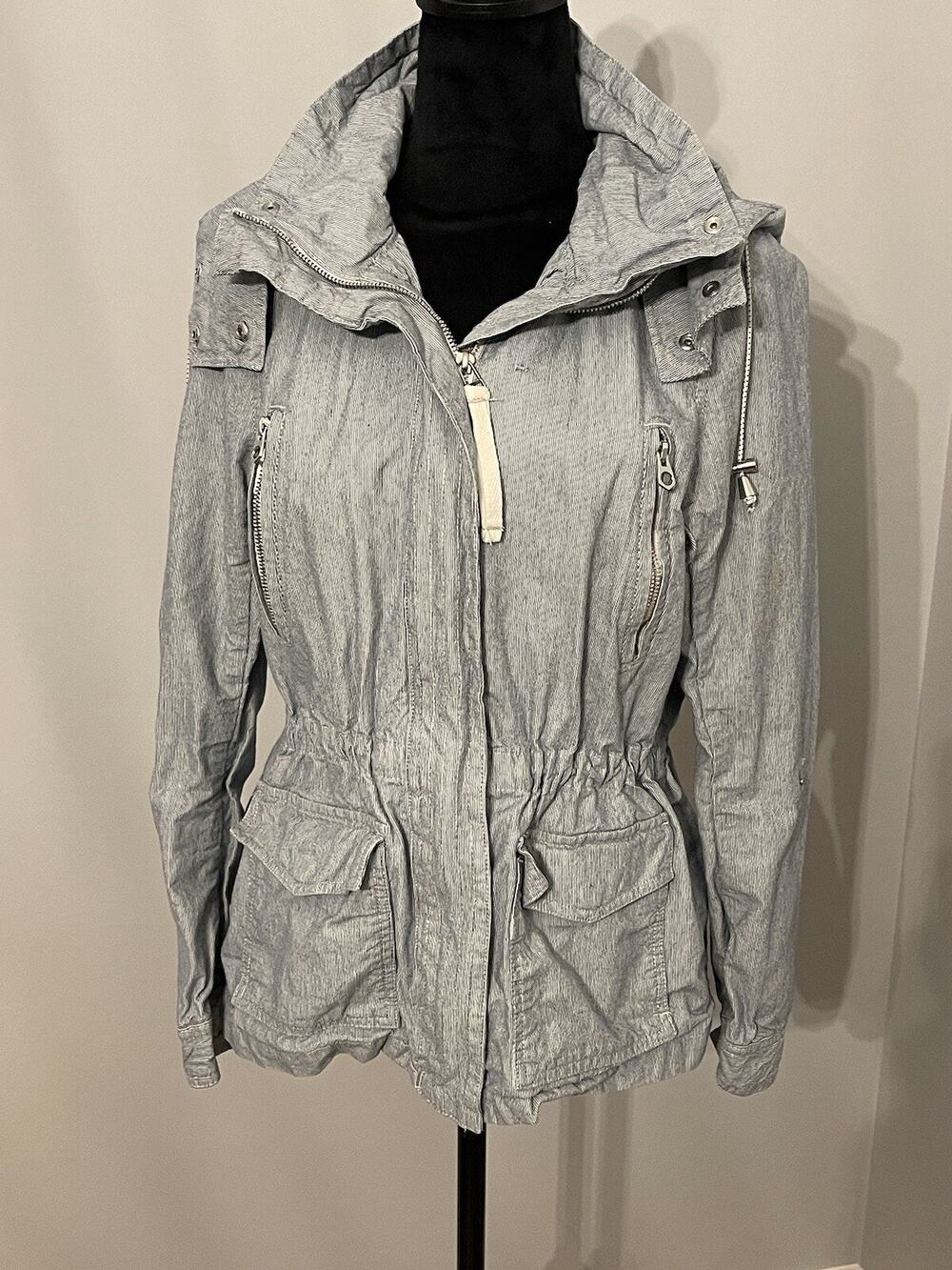 l.o.g.g. h&m womens size 4 long sleeve full zip hooded jacket white blue striped